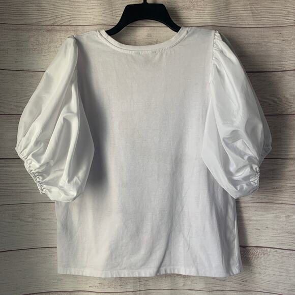 More Love & Lace White Blouse with Paris Graphic Flowers Puff Sleeves Size Large - Picture 4 of 15